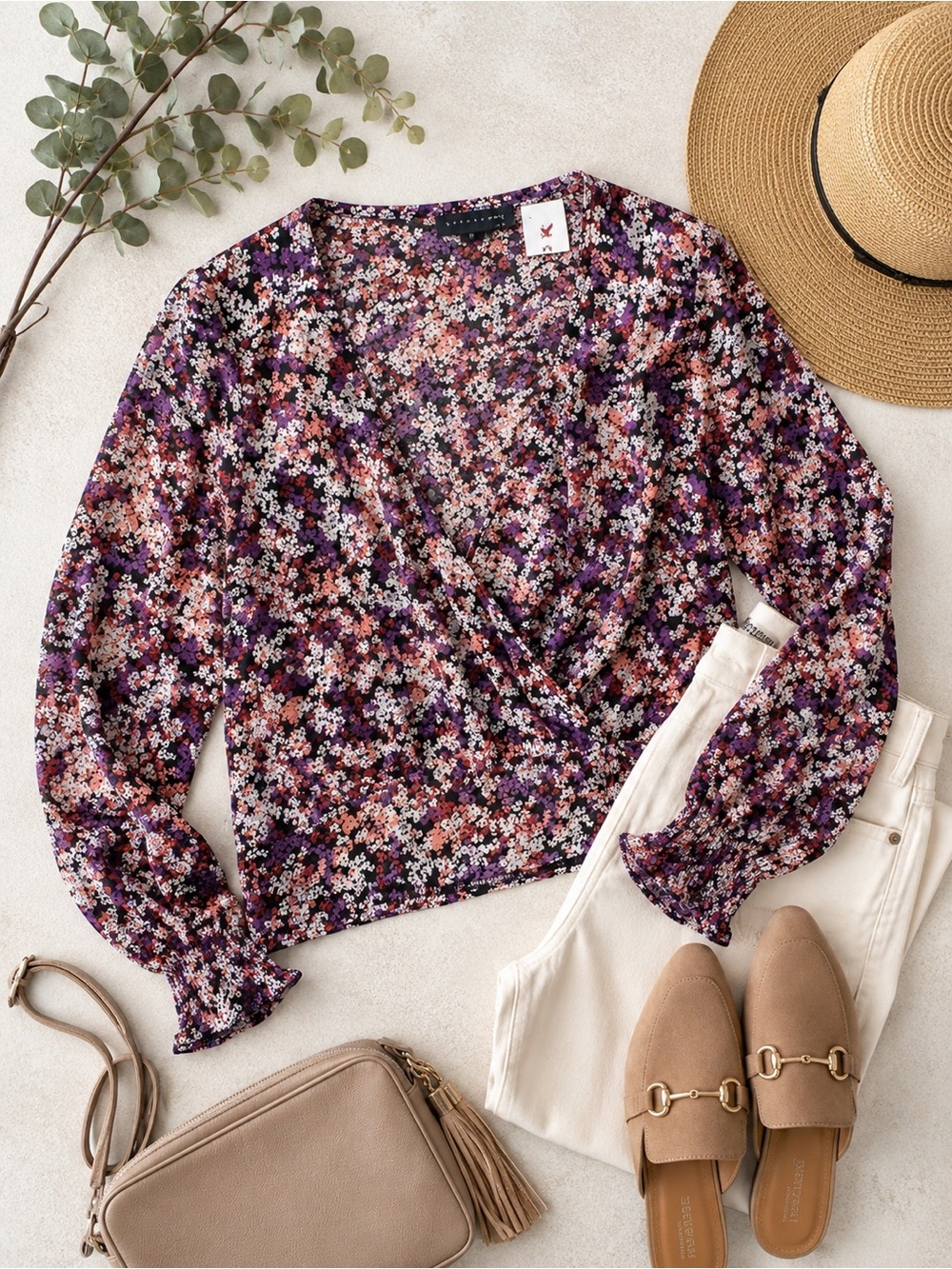 ANTHROPOLOGIE WRAP SURPLICE DARK SMALL FLORAL PRINT LS OVERSIZED TOP SZ SMALL N…